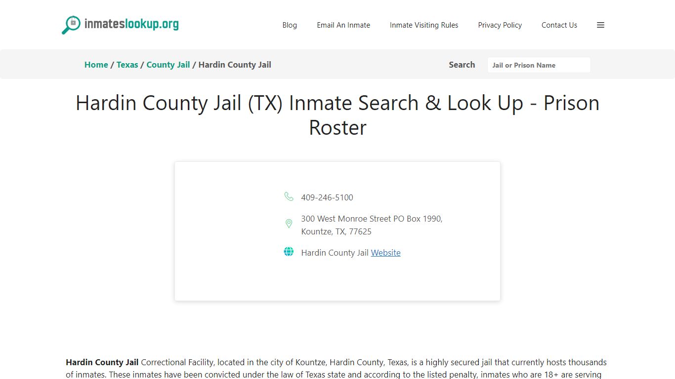 Hardin County Jail (TX) Inmate Search & Look Up - Prison Roster